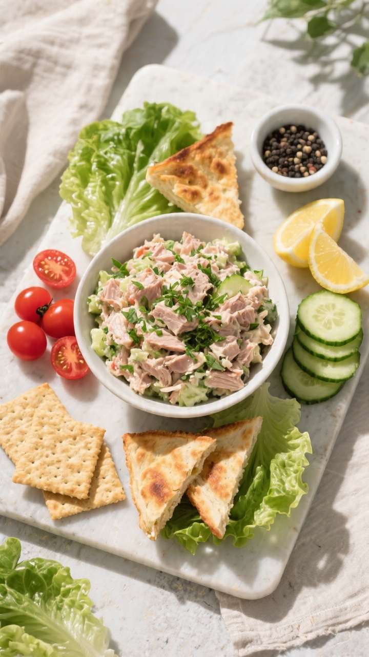 Tasty top view: Overhead shot of a “build-your-own” spread centered on a bowl of finished tuna s