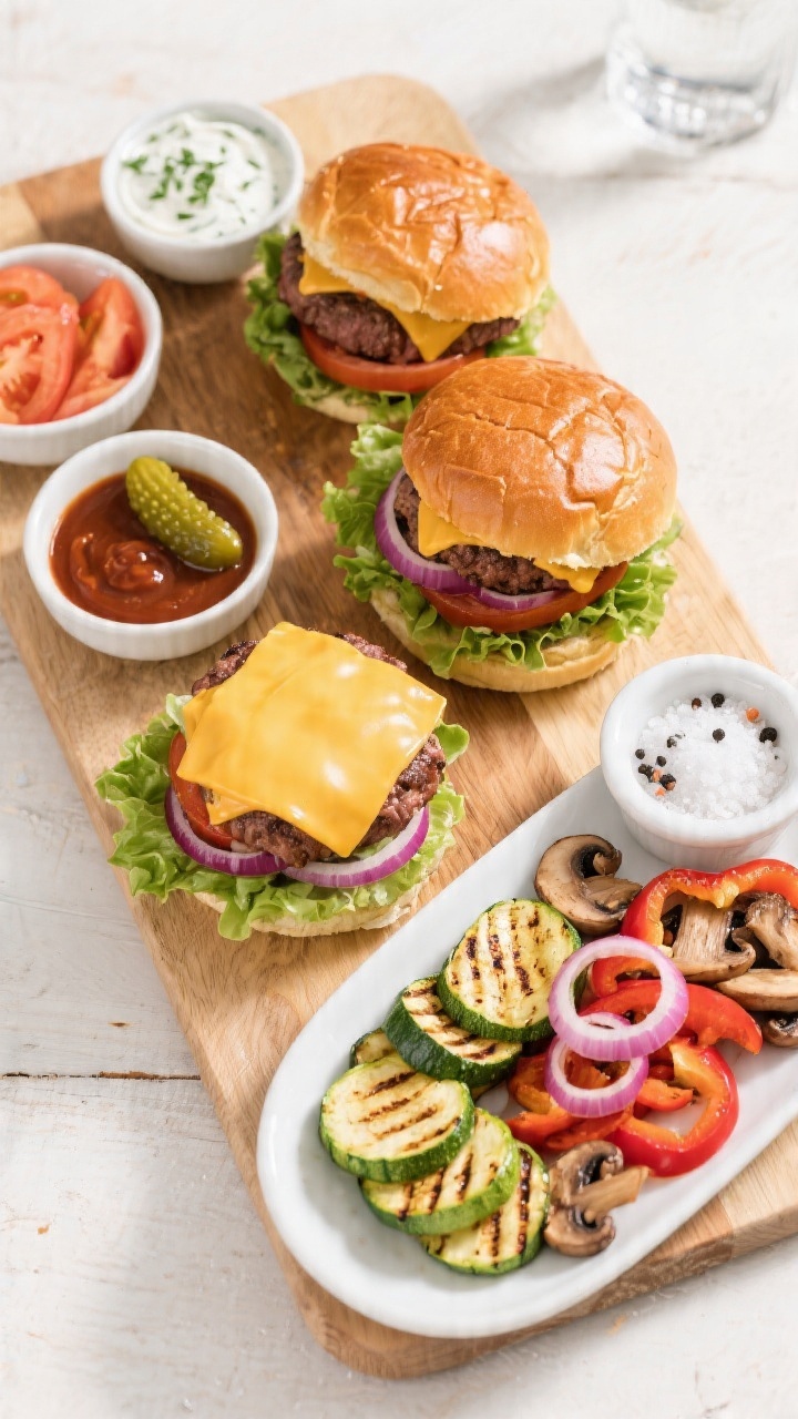 Tasty top view: Overhead shot of a build-your-own burger board and sides—medium-rare cheeseburgers