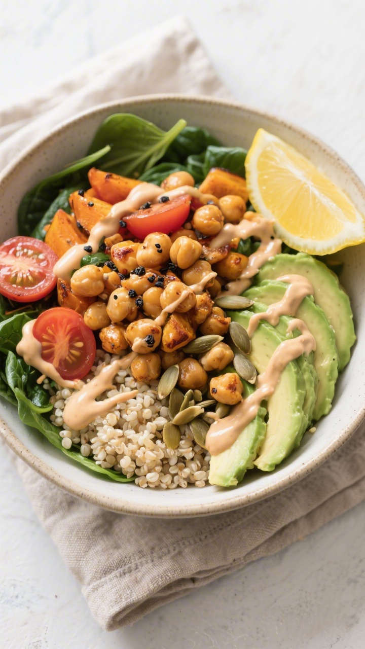 Tasty top view: Overhead shot of a build-your-own high-protein chickpea bowl. Base of fluffy quinoa 