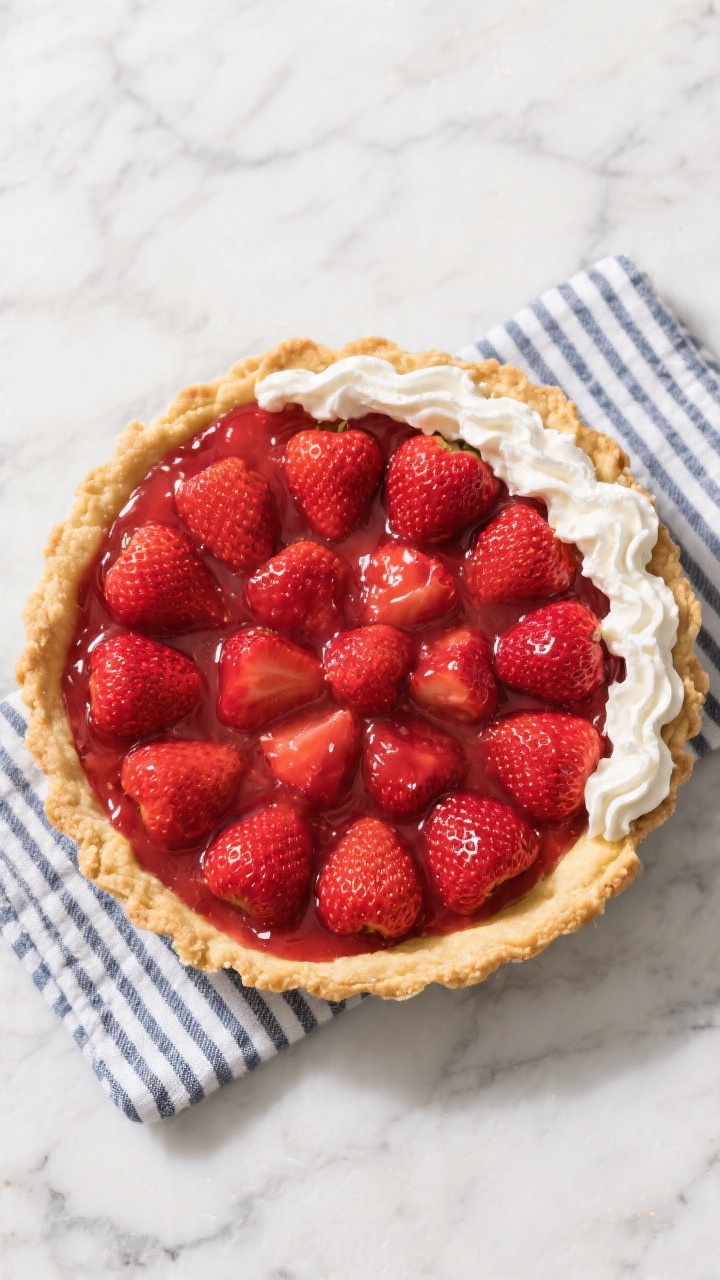 Tasty top view: Overhead shot of a Classic Strawberry Pie in a par-baked crust, filled with whole gl