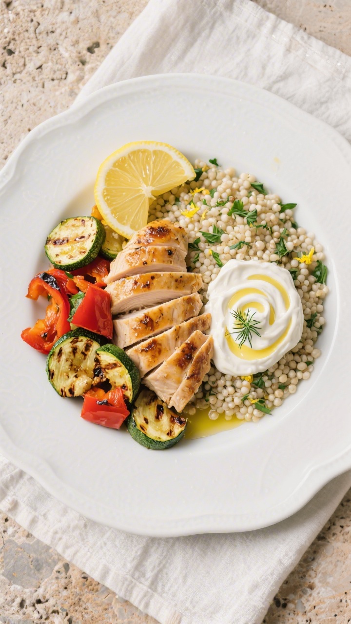 Tasty top view: Overhead shot of a complete Mediterranean dinner plate—herbed pearl couscous fleck