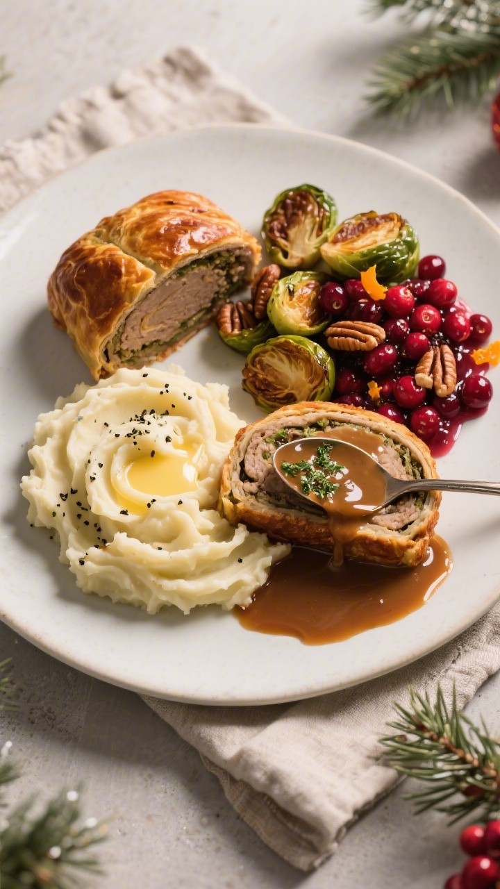 Tasty top view: Overhead shot of a complete plated vegan Christmas dinner—two thick slices of well