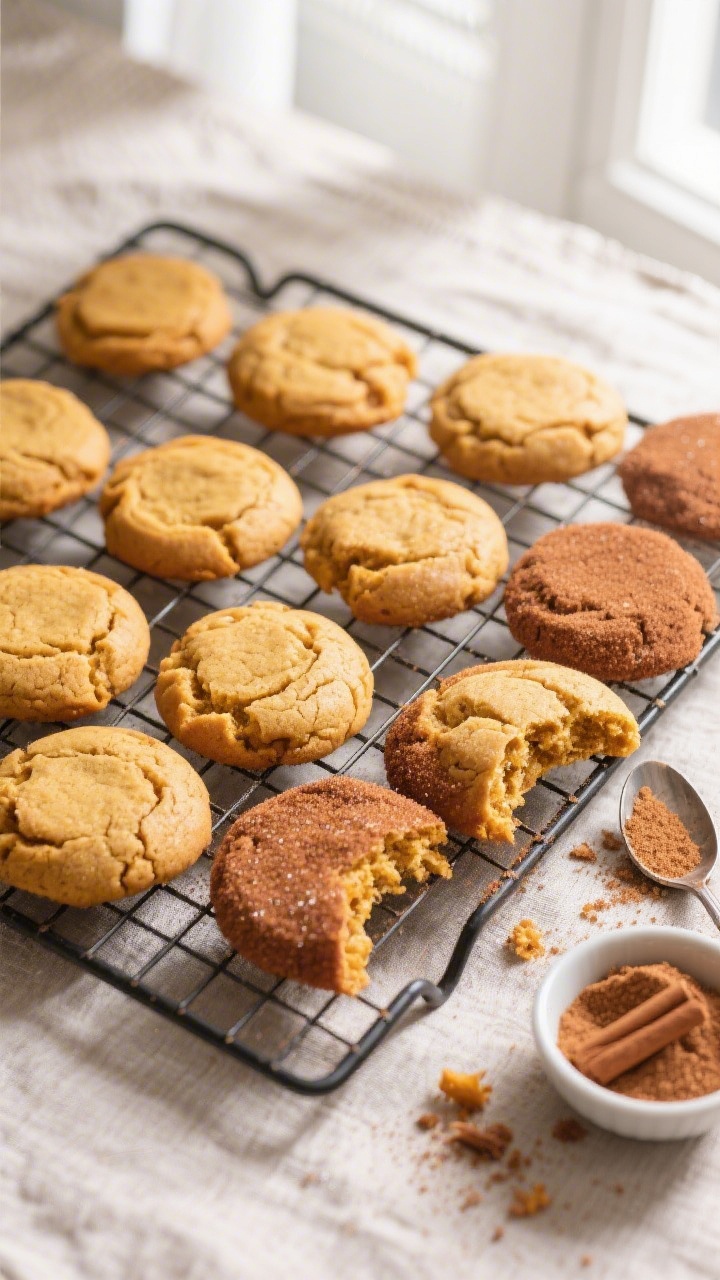 Tasty top view: Overhead shot of a cooling rack filled with vegan pumpkin cookies, half plain and ha