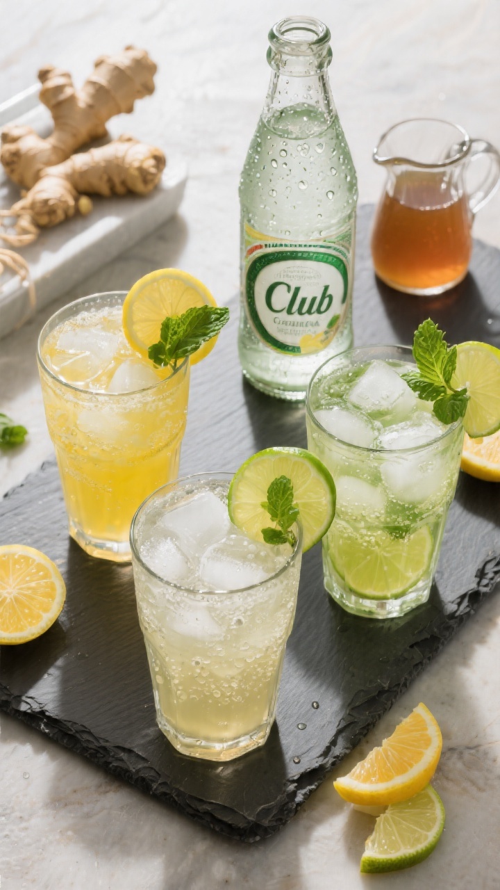 Tasty top view: Overhead shot of a DIY ginger ale assembly setup for a party—three finished glasse