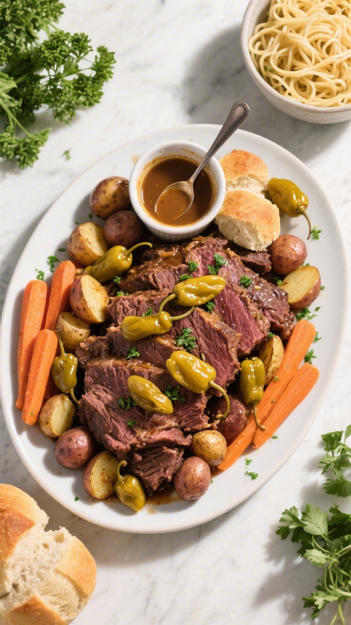 Tasty top view: Overhead shot of a family-style spread—oval serving platter piled with Mississippi