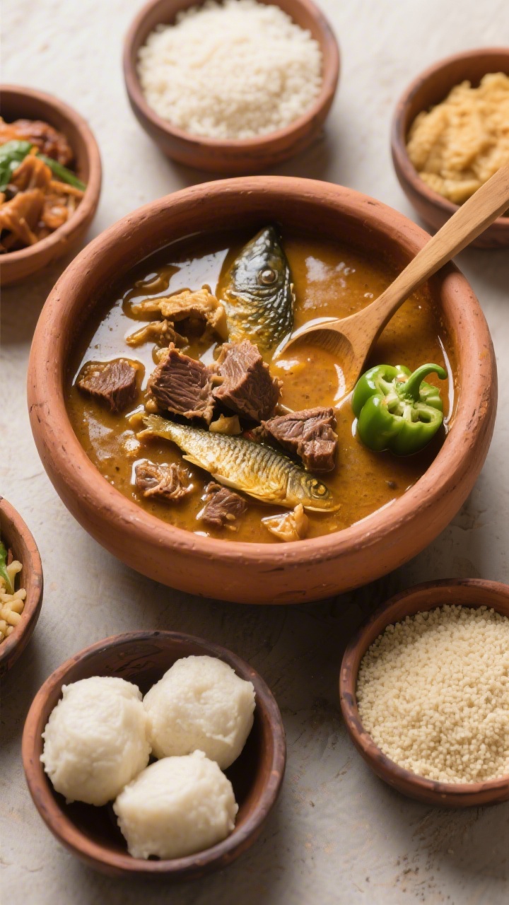 Tasty top view: Overhead shot of a family-style spread featuring a deep earthenware bowl of Onugbu s