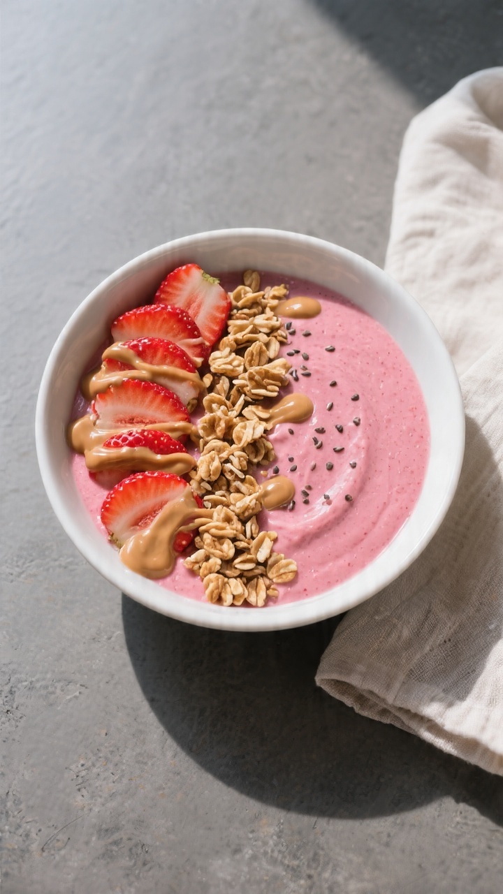 Tasty top view: Overhead shot of a finished strawberry–peanut butter smoothie bowl, extra-thick an