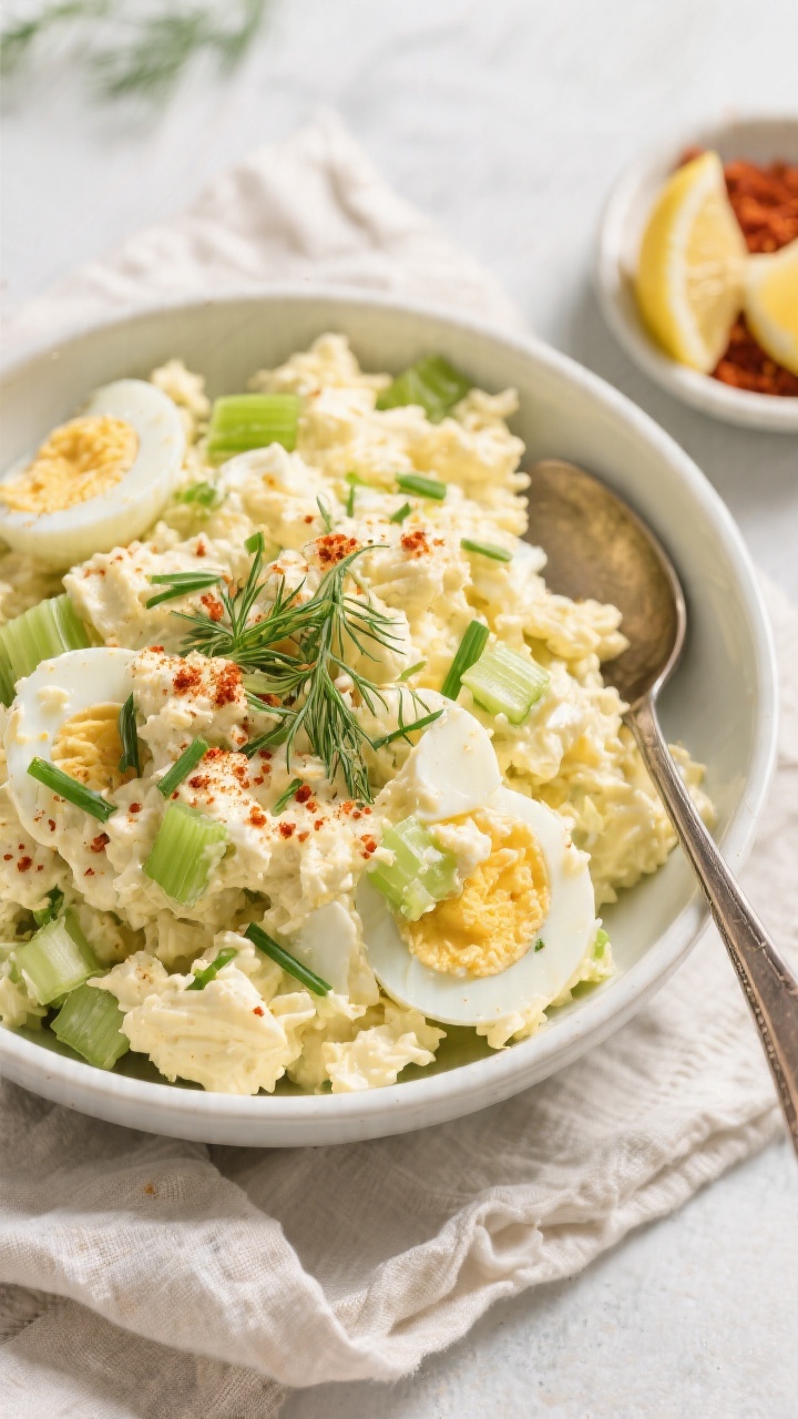 Tasty top view: Overhead shot of a generous bowl of classic egg salad after chilling—creamy pale-y