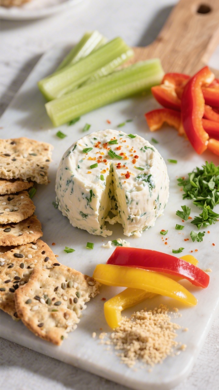 Tasty top view: Overhead shot of a grazing-style board featuring the finished vegan cheese ball at c