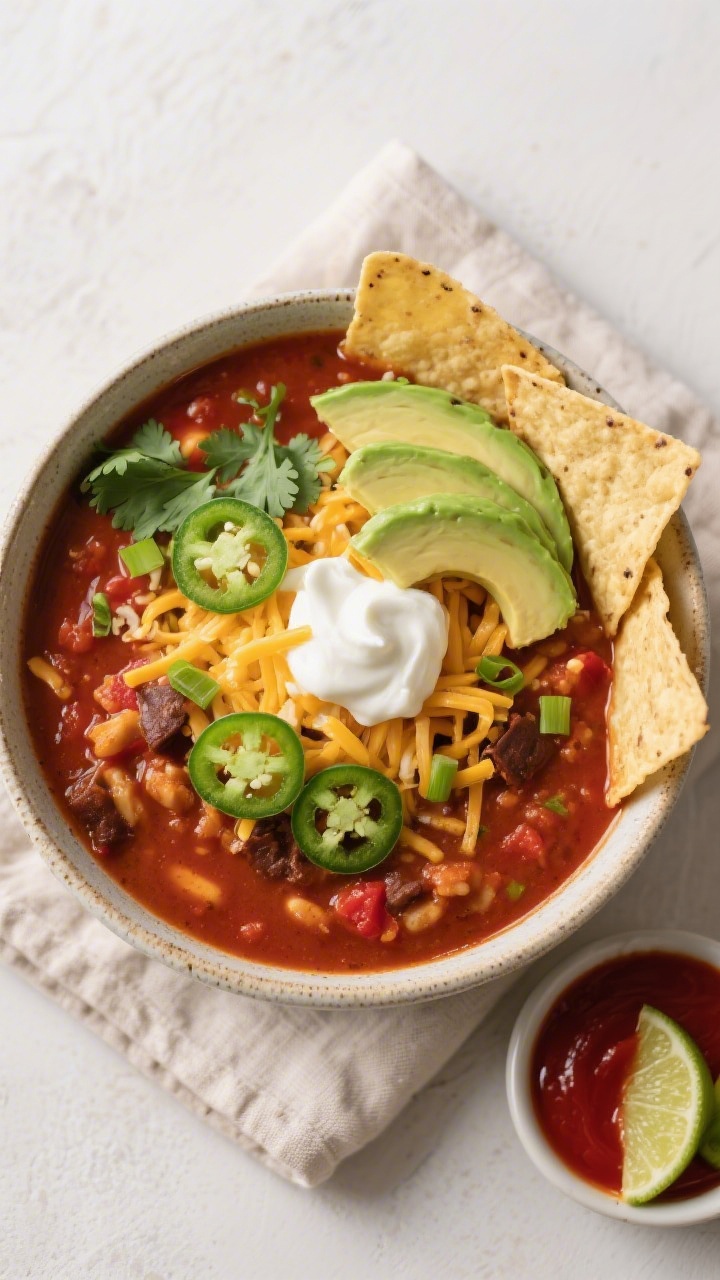 Tasty top view: Overhead shot of a hearty bowl of taco soup topped with shredded cheddar, a dollop o