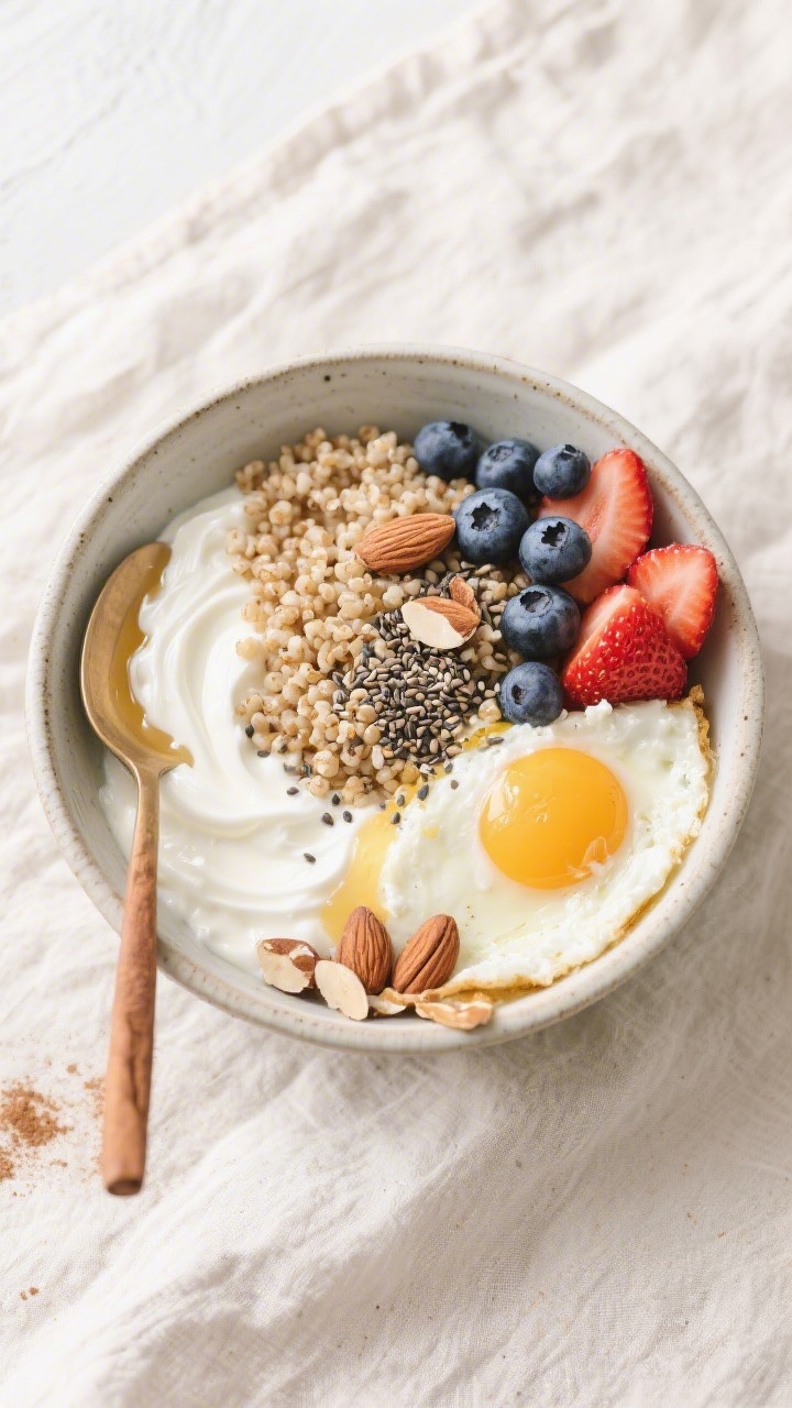 Tasty top view: Overhead shot of a high-protein breakfast bowl assembled sweet-style—creamy Greek 