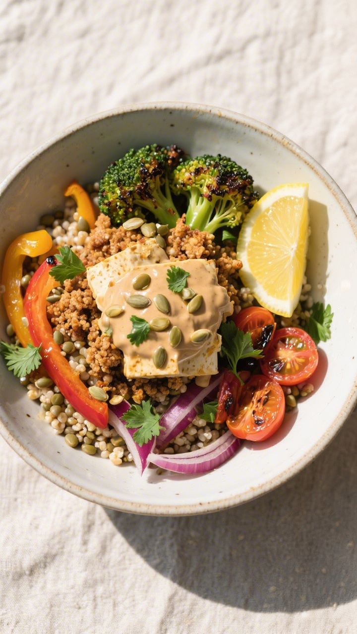 Tasty top view: Overhead shot of a high-protein vegan bowl—quinoa base topped with a generous scoo