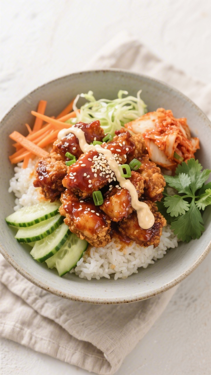 Tasty top view: Overhead shot of a Korean Style Fried Chicken Bowl assembled—warm short-grain rice