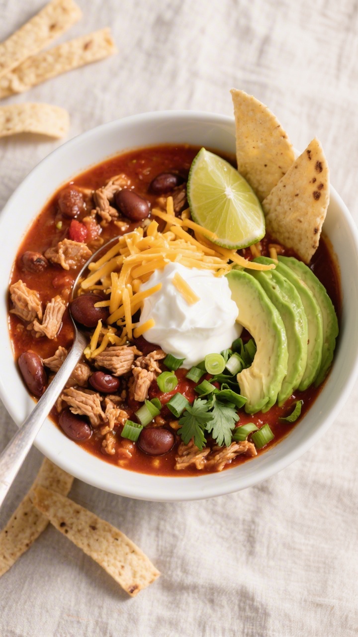 Tasty top view: Overhead shot of a ladled bowl of turkey and bean chili, thick and spoonable, garnis