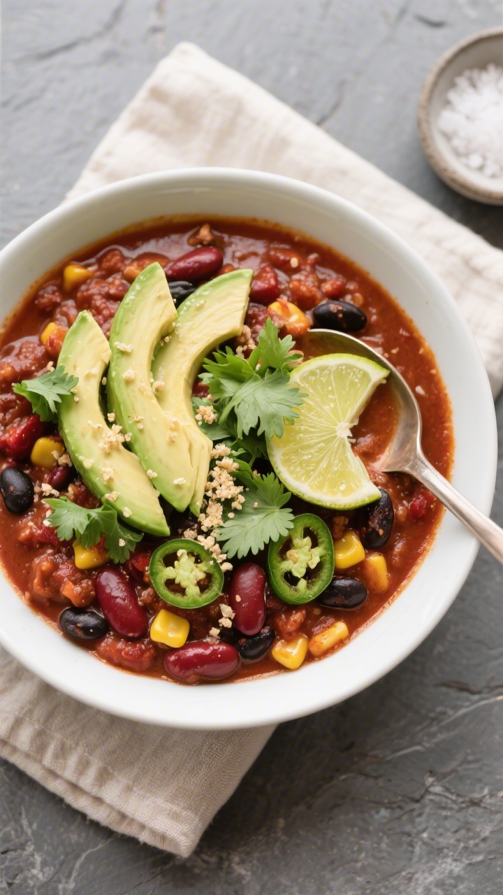 Tasty top view: Overhead shot of a ladled bowl of High Protein Vegan Chili, thick and spoonable, top