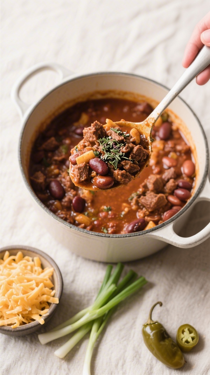 Tasty top view: Overhead shot of a ladleful of finished chili being lifted from the pot, showcasing