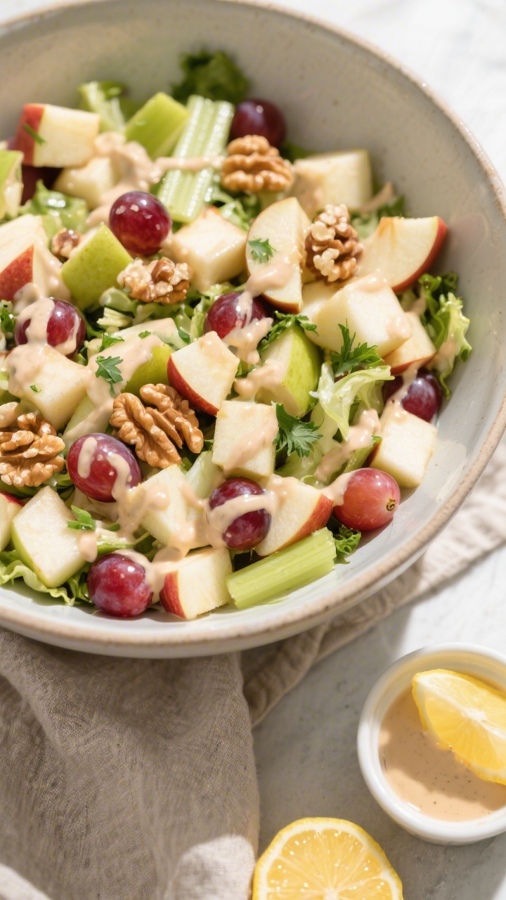 Tasty top view: Overhead shot of a large mixing bowl just after combining the salad—crisp diced Ho