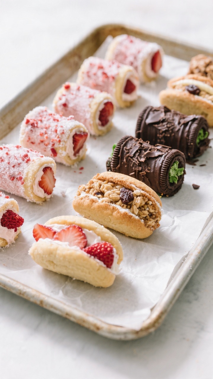 Tasty top view: Overhead shot of a lined baking sheet with a neat row of assorted finished sandwiche