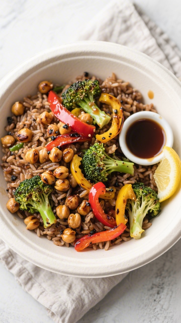 Tasty top view: Overhead shot of a meal prep bowl featuring brown rice base topped with roasted chic