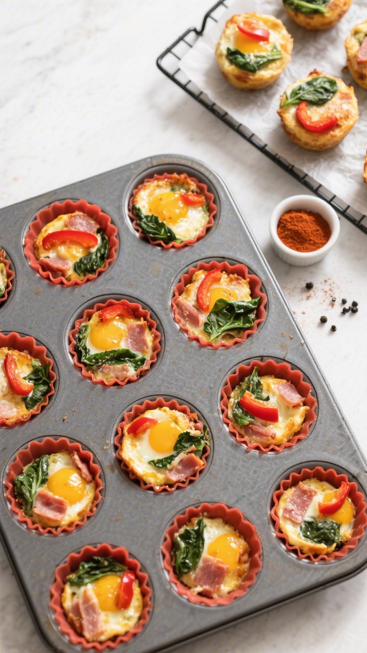 Tasty top view: Overhead shot of a meal-prep spread—12 cooked ham and cheese egg muffins arranged 