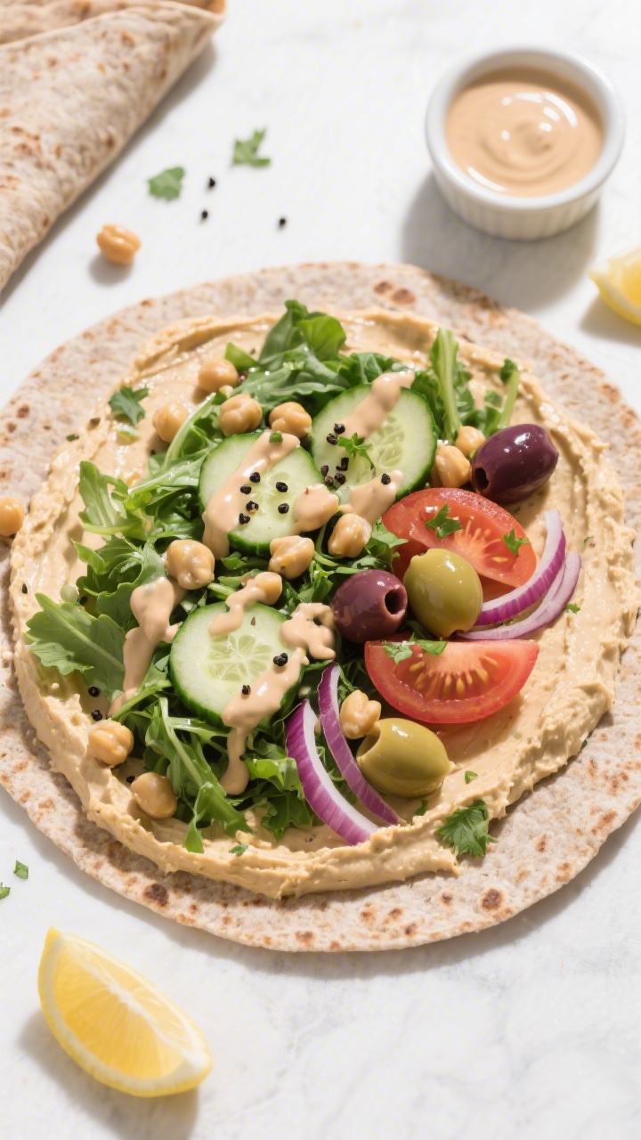 Tasty top view: Overhead shot of a Mediterranean wrap assembly scene with a whole-grain tortilla spr