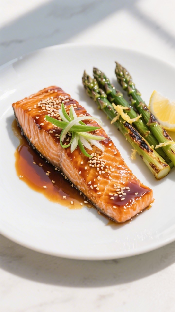 Tasty top view: Overhead shot of a miso-glazed salmon fillet on a matte white plate, lacquered amber