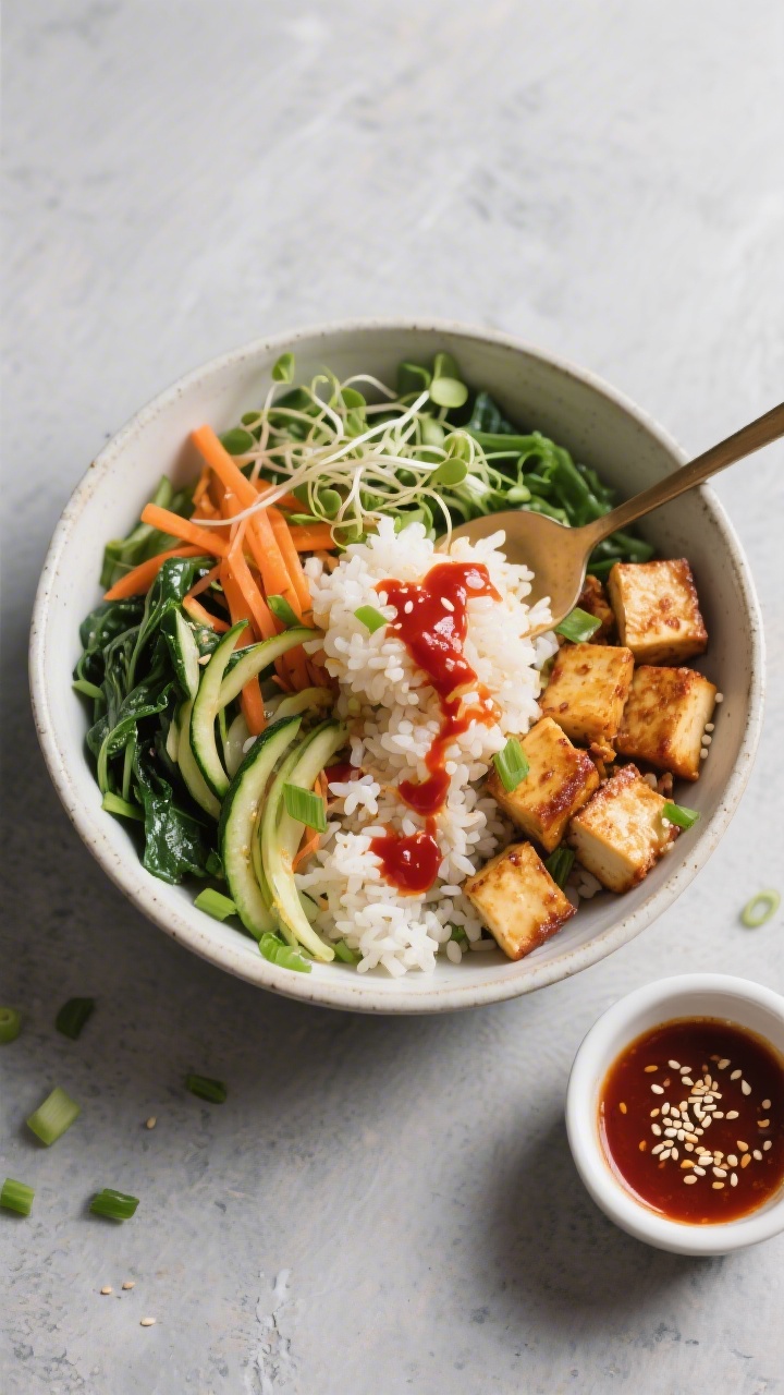 Tasty top view: Overhead shot of a mixed bibimbap moment—spoon just finished folding warm rice wit