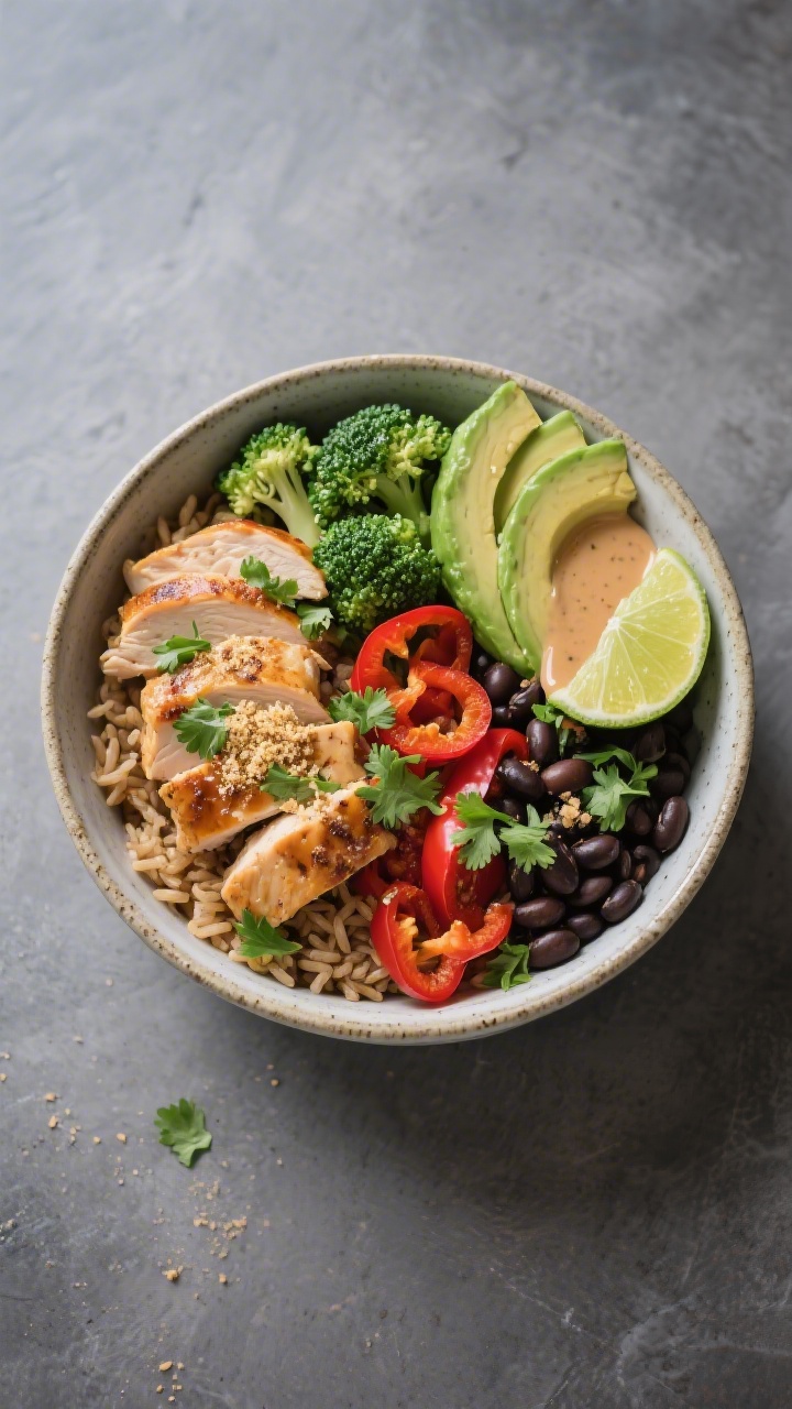 Tasty top view: Overhead shot of a muscle-building burrito bowl—sliced chicken-style seitan over b
