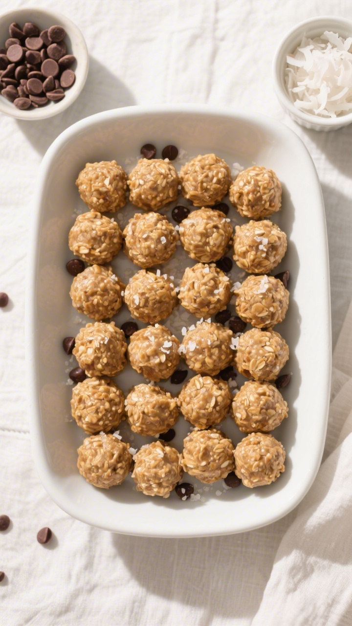 Tasty top view: Overhead shot of a neatly arranged batch of peanut butter oatmeal balls in a shallow