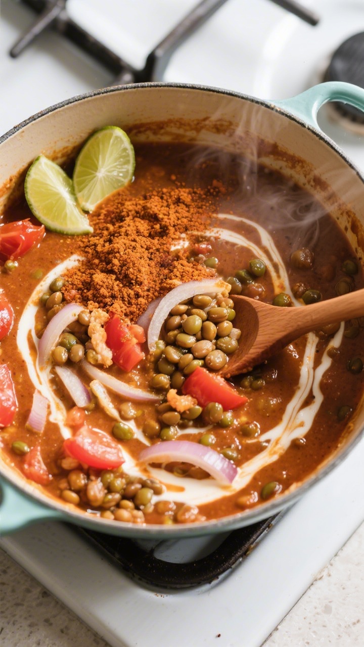Tasty top view: Overhead shot of a one-pot lentil curry simmered to a creamy, saucy finish—rust-re