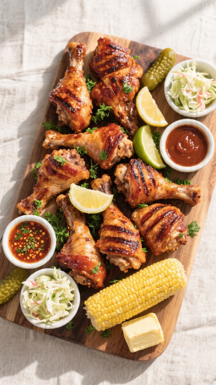 Tasty top view: Overhead shot of a party platter of mixed cuts—bone-in drumsticks and thighs—fin