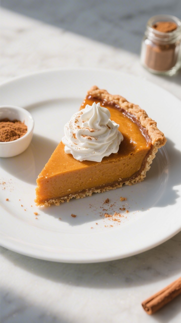 Tasty top view: Overhead shot of a perfect slice of classic pumpkin pie on a matte white plate, topp