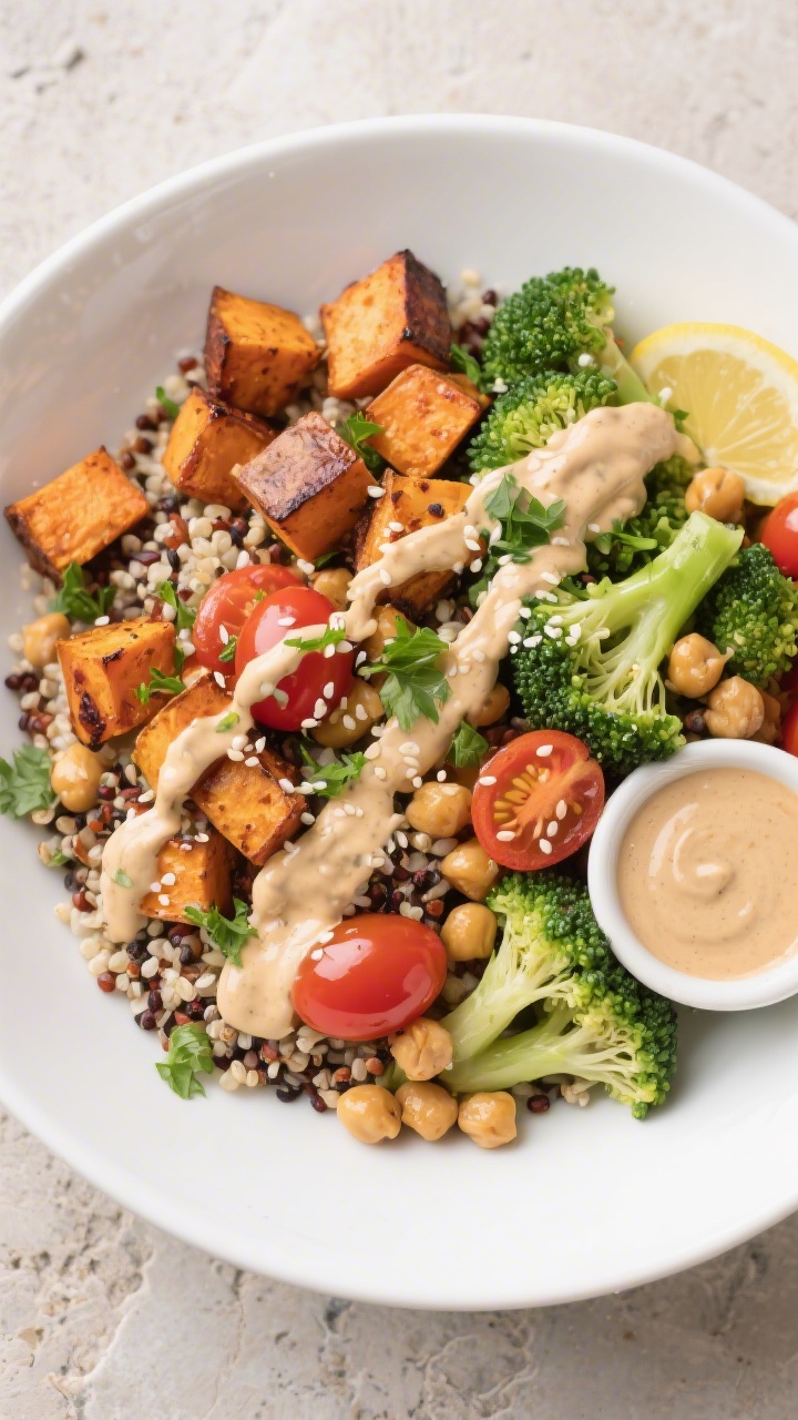 Tasty top view: Overhead shot of a Rainbow Quinoa Bowl—fluffy quinoa base topped with roasted cara