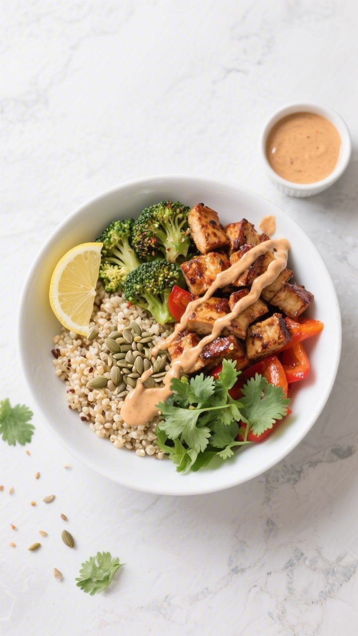 Tasty top view: Overhead shot of a Spicy Tempeh Quinoa Bowl (~32g) fully assembled—fluffy quinoa b