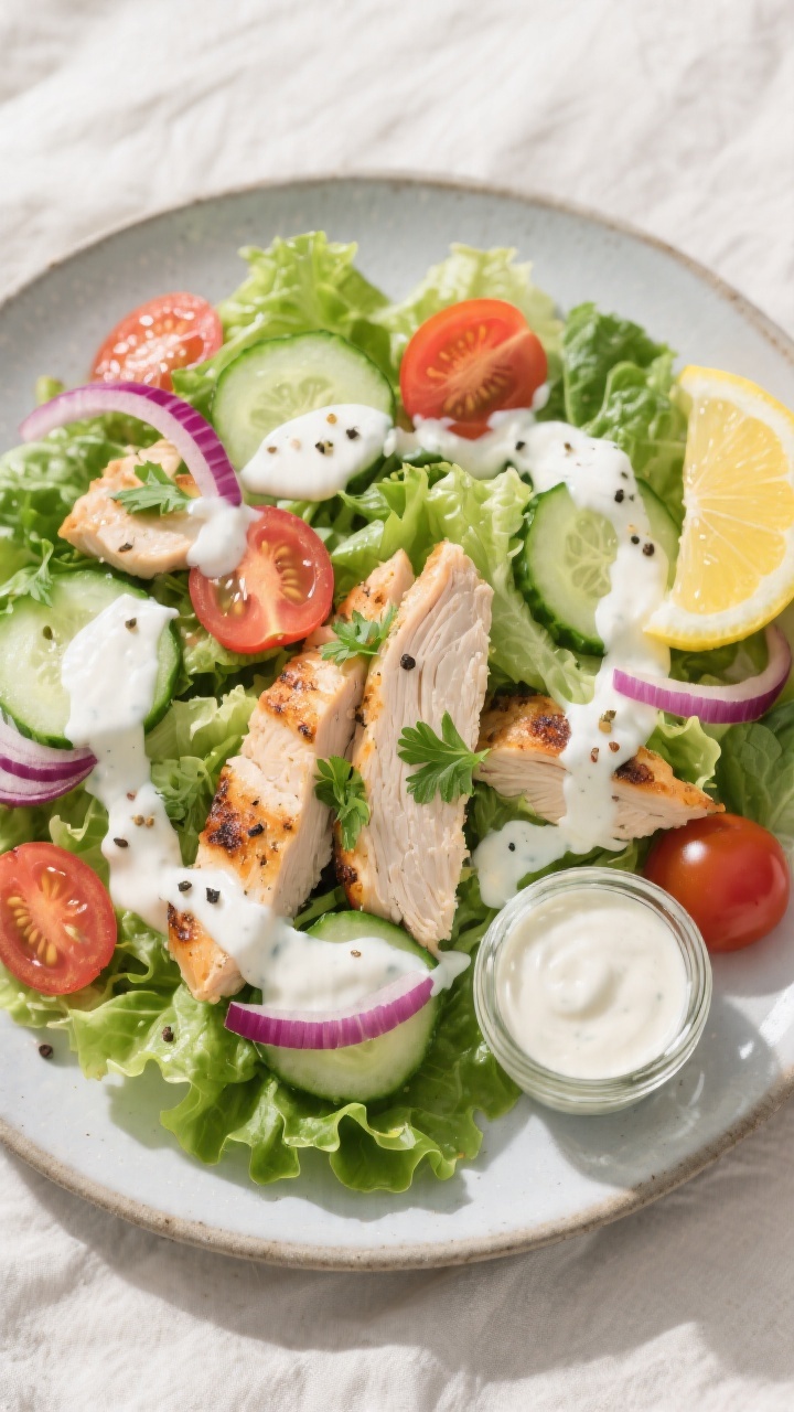 Tasty top view: Overhead shot of a summer salad generously drizzled with the creamy Greek yogurt dre