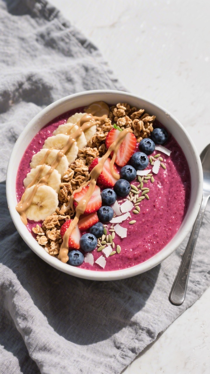 Tasty top view: Overhead shot of a thick 5-minute smoothie bowl poured into a matte white bowl, deep
