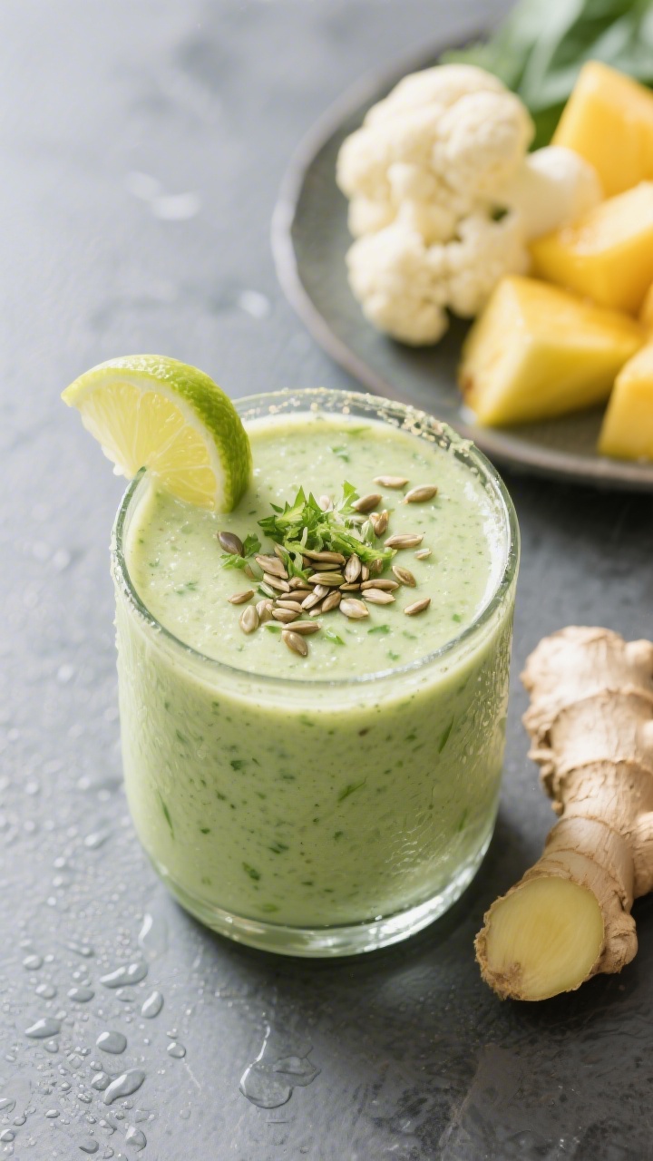 Tasty top view: Overhead shot of a Tropical Green cauliflower smoothie in a wide-mouth glass, velvet