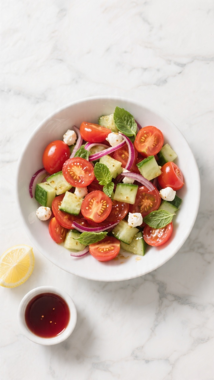 Tasty top view: Overhead shot of a vibrant tomato-cucumber salad in a wide white bowl, halved cherry