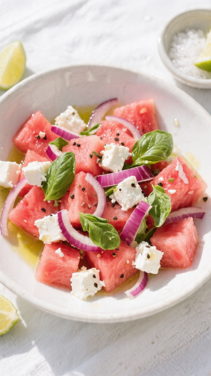 Tasty top view: Overhead shot of a vibrant watermelon feta salad composed of ruby watermelon cubes, 