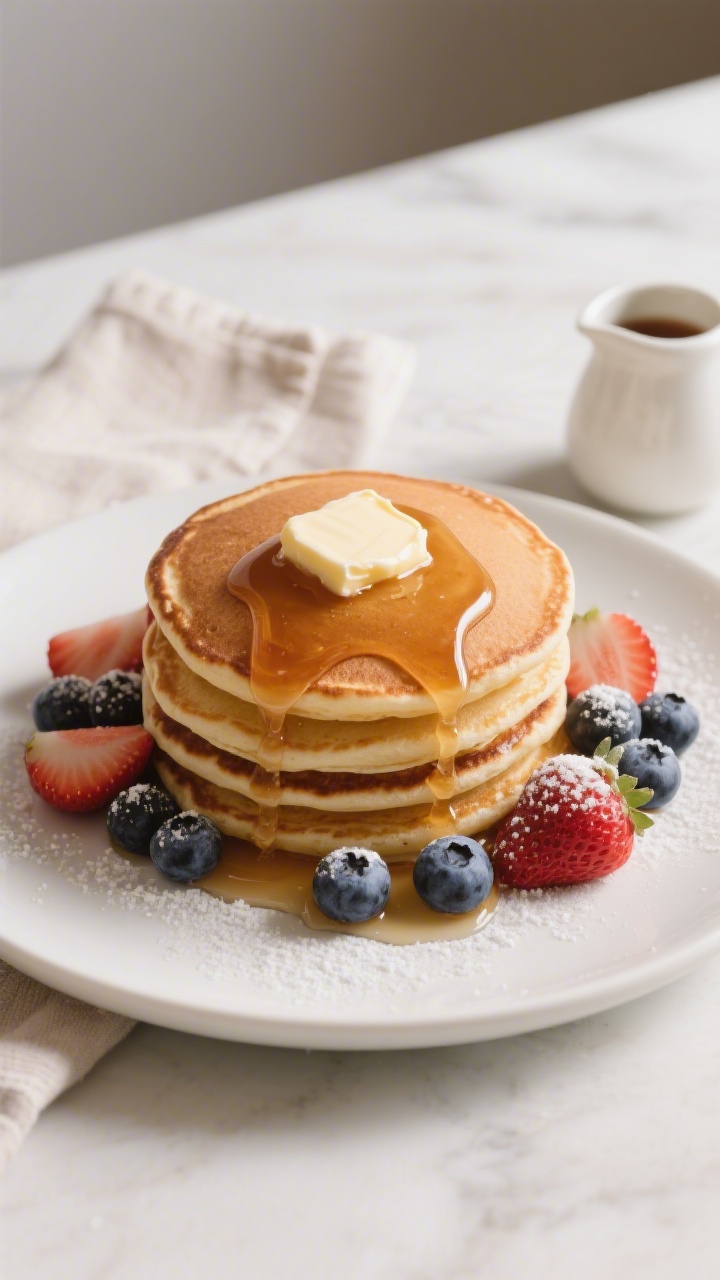 Tasty top view: Overhead shot of a warm pancake stack (4 medium pancakes) on a matte white plate, pa