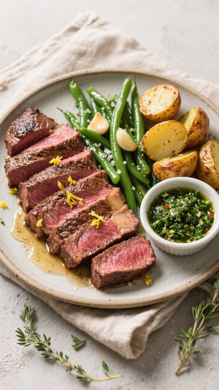 Tasty top view: Overhead shot of a weeknight steak plate—medium-rare New York strip sliced and fan