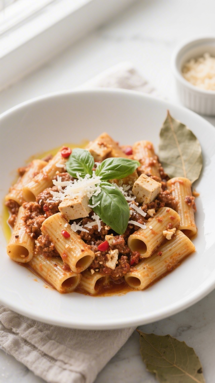Tasty top view: Overhead shot of al dente rigatoni married with rich tofu bolognese, sauce clinging 