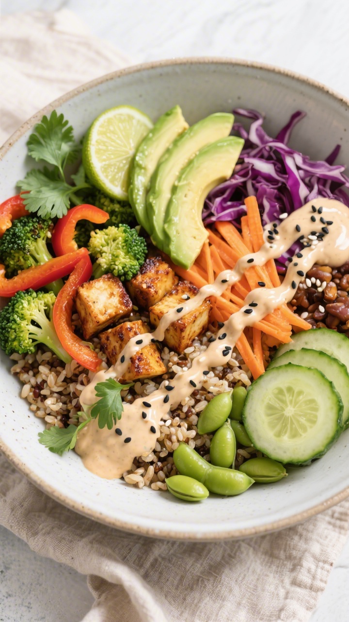 Tasty top view: Overhead shot of assembled Vegan High Protein Bowl—base of fluffy quinoa and brown