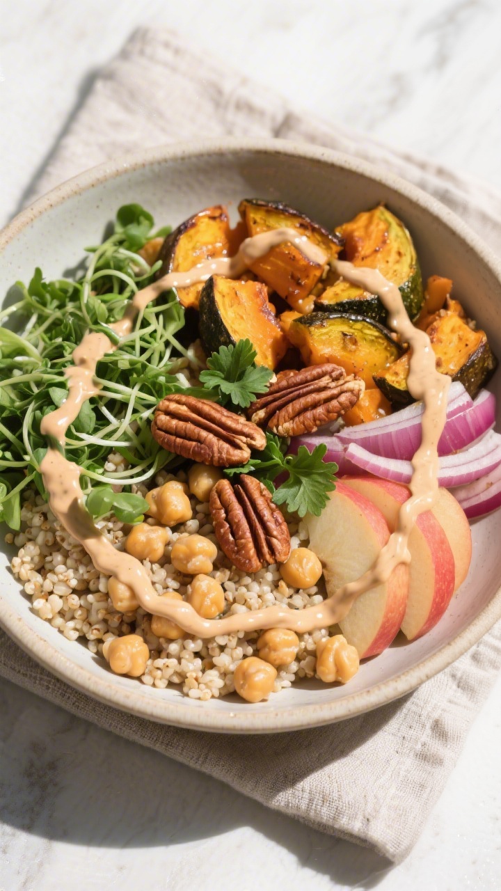 Tasty top view: Overhead shot of assembled vegan roasted veggie and chickpea bowl over fluffy quinoa