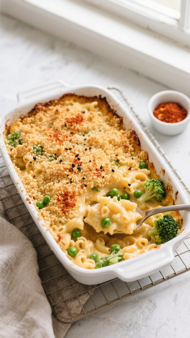 Tasty top view: Overhead shot of baked vegan protein mac and cheese in a white ceramic baking dish, 