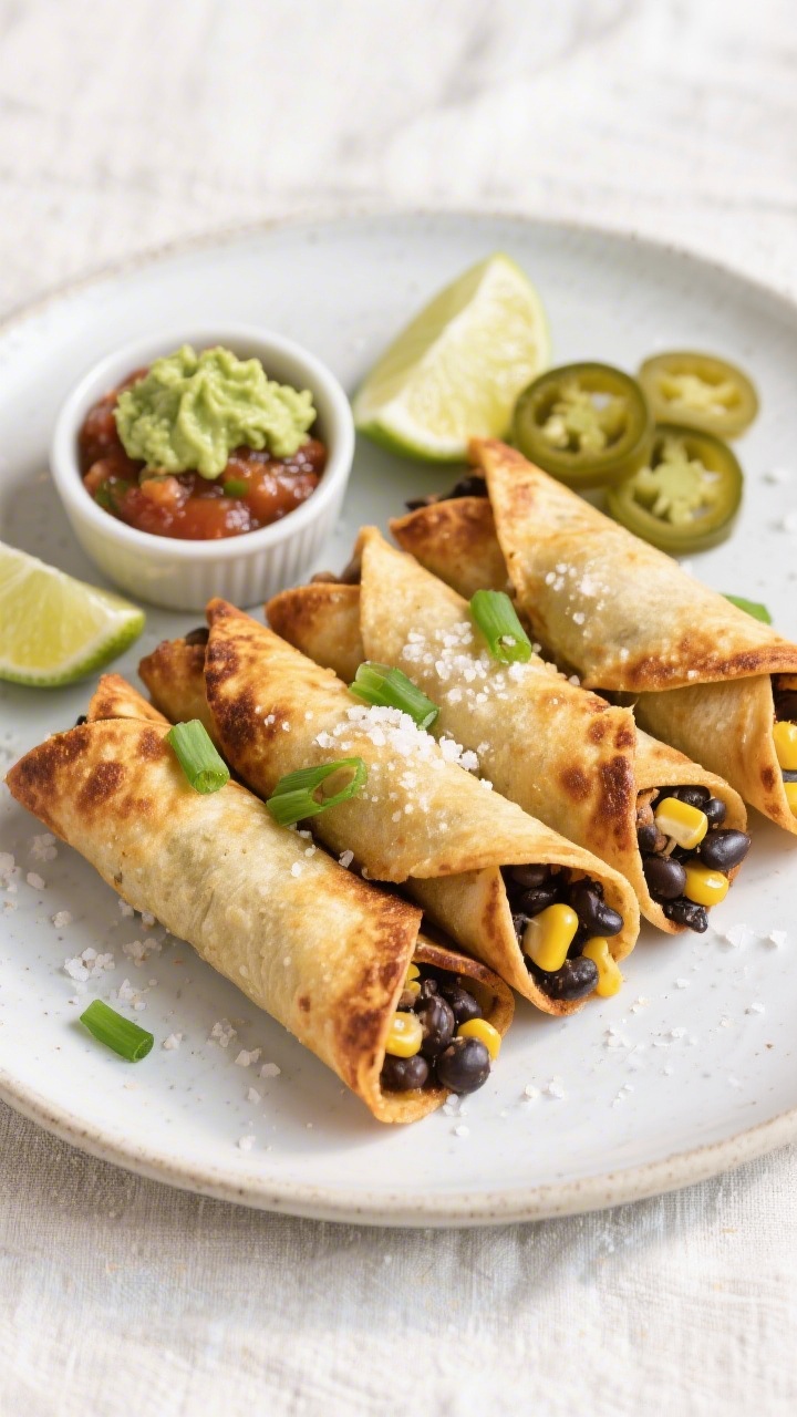 Tasty top view: Overhead shot of black bean and corn taquitos, tightly rolled and air-fried to a dee