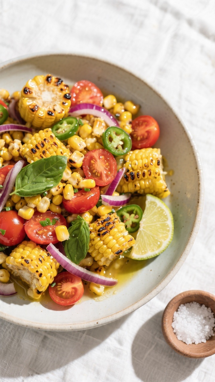 Tasty top view: Overhead shot of charred corn and tomato salad in a wide, shallow serving bowl—gol
