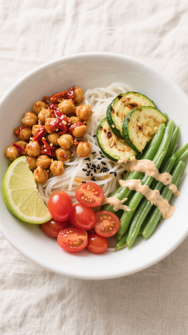 Tasty top view: Overhead shot of chili-garlic chickpeas bowl—super-crisp chickpeas with a glossy s