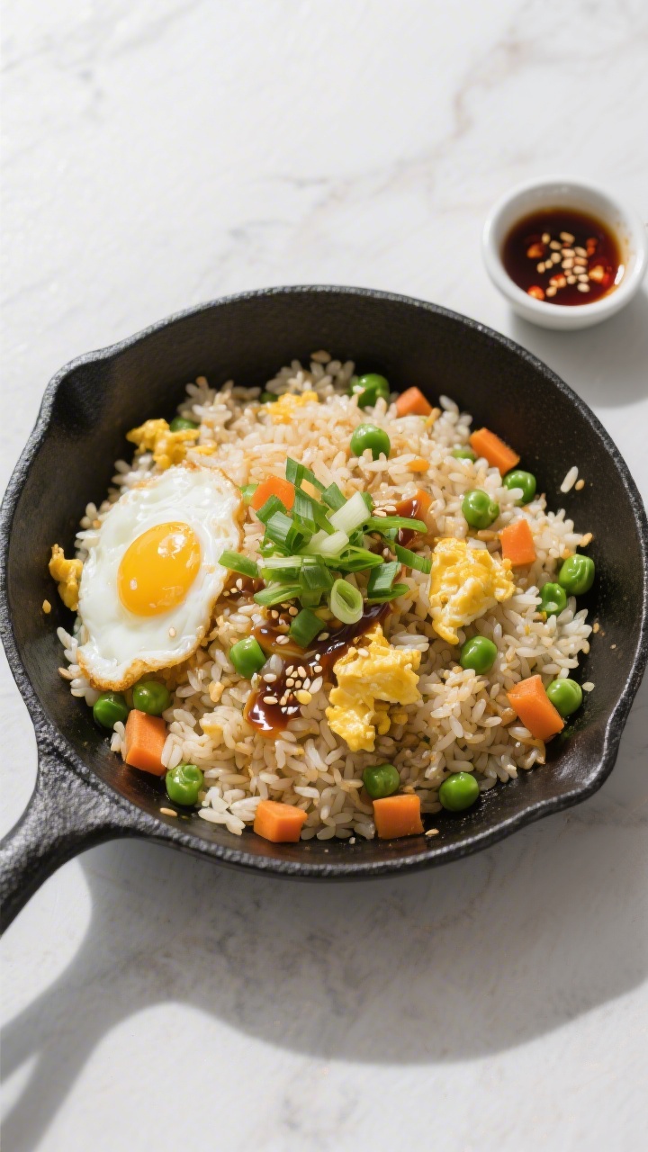 Tasty top view: Overhead shot of classic egg fried rice in a wide black skillet, showcasing separate