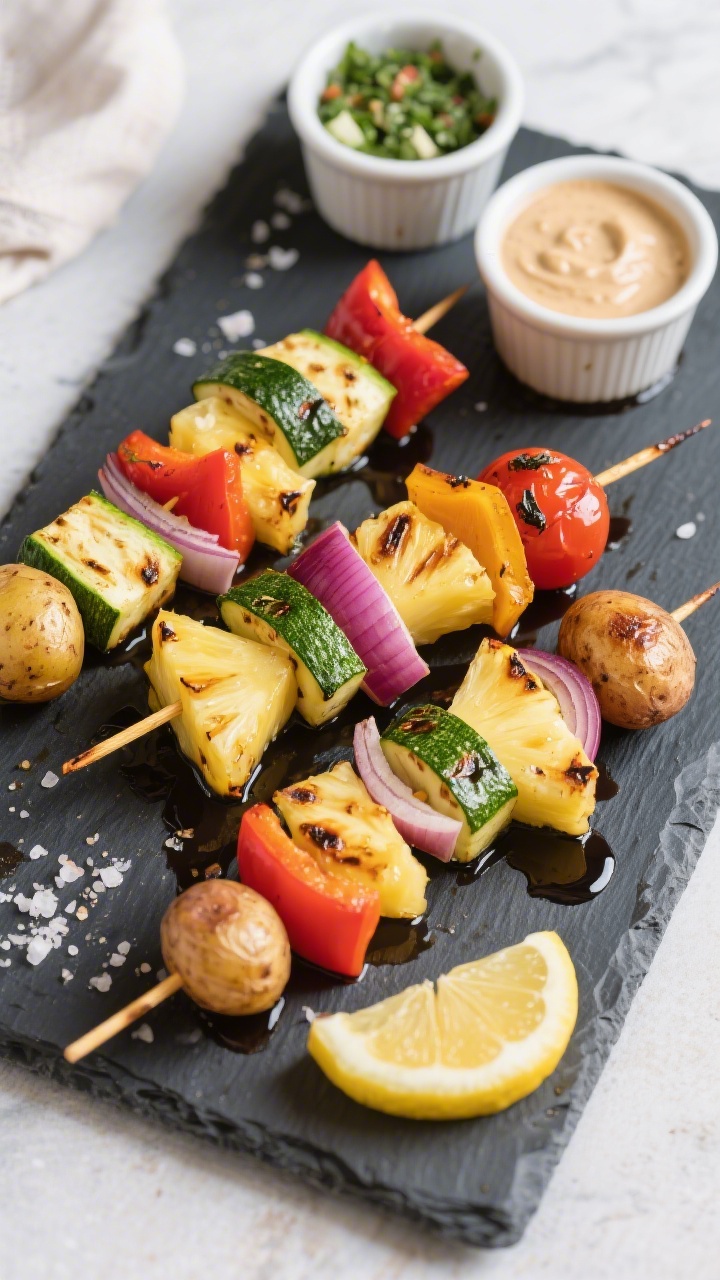 Tasty top view: Overhead shot of colorful veggie-and-pineapple skewers just off the grill—zucchini